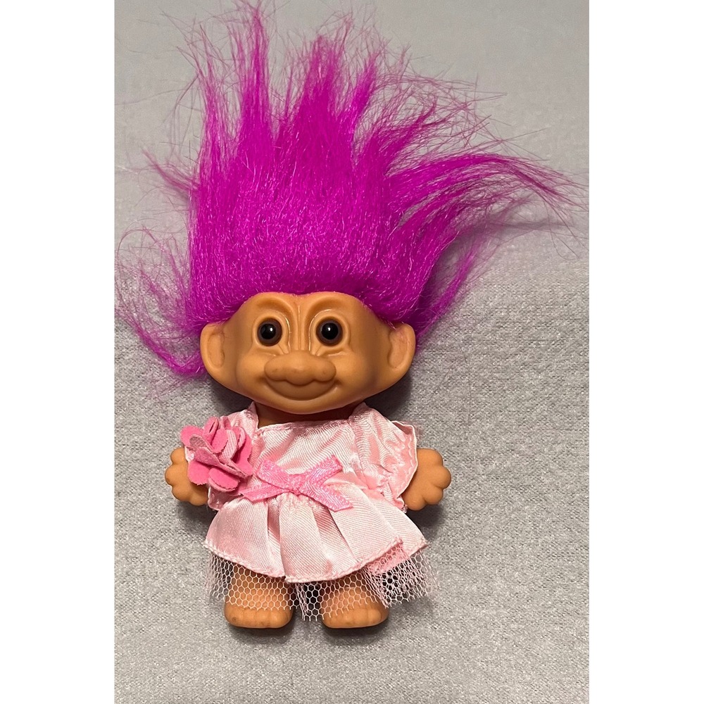 Vintage Russ Berrie Troll Doll Magenta Hair Pink Satin Dress 3 Inch Retro
 Toy